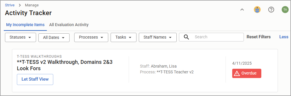 Activity tracker showing a list of incomplete items and an All Evaluation Activity tab.